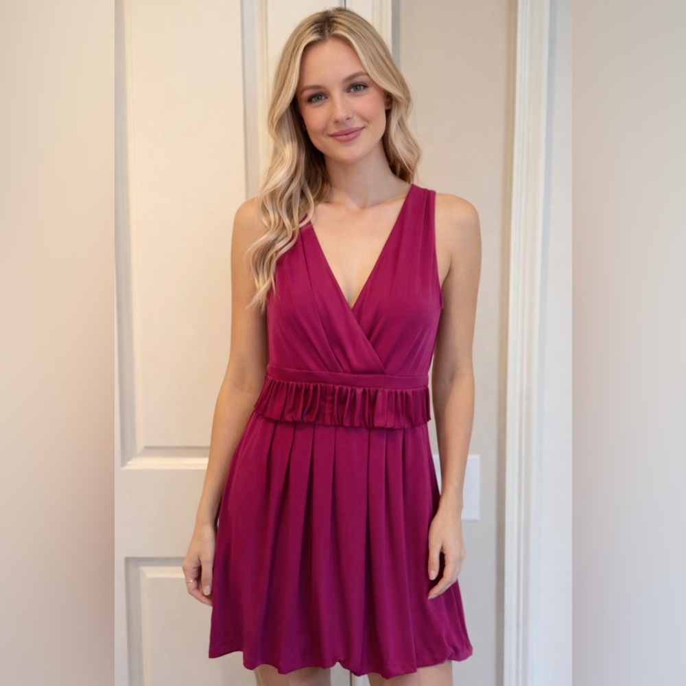 Marciano by Guess Magenta Pleated Fit & Flare Dress | V-Neck Party Dress